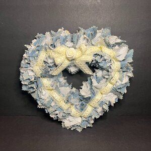 Vintage Blue & Cream Colored Fabric & Lace Trim Ribbon Ruffled Heart Wreath